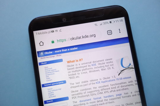 KONSKIE, POLAND - November 12, 2018: Okular document viewer website displayed on smartphone