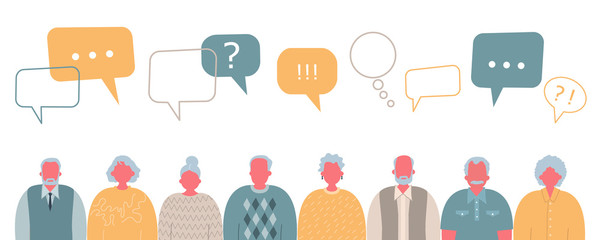 Community of older people. Communication of elderly men and elderly women. People icons with speech bubbles. Vector illustration.