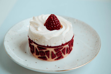 close-up of a biscuit cake with a white hat of cream decorated with jelly raspberries