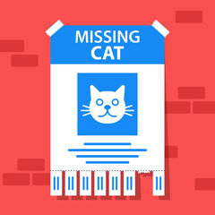 the declaration of the disappearance of a beloved cat. the runaway animal is in danger. flat vector illustration.