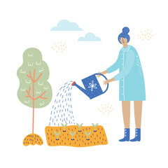 girl works in the garden with plants and water can vector illustration