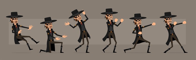 Cartoon cute funny bandit hero in black mask and hat from wild west. Angry thief ready to fight. Ready for animations. Isolated on gray background. Big vector icon set.
