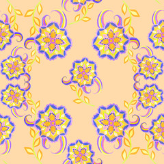 Fototapeta na wymiar Watercolor seamless pattern with flowers and leaves in ethnic style. Floral decoration. Traditional paisley pattern. Textile design texture.Tribal ethnic vintage seamless pattern. 