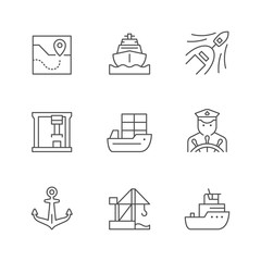 Set line icons of marine port
