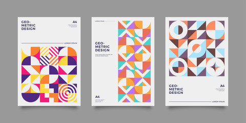 Placard templates set with Geometric shapes, Retro bauhaus swiss style flat and line design elements. Retro art for covers, banners, flyers and posters. Eps 10 vector illustrations