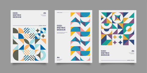 Placard templates set with Geometric shapes, Retro bauhaus swiss style flat and line design elements. Retro art for covers, banners, flyers and posters. Eps 10 vector illustrations © Novendi