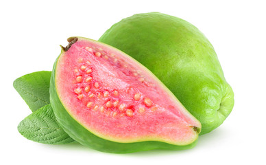 Isolated guava. Fresh cut guava fruits with green skin and pink flesh over white background