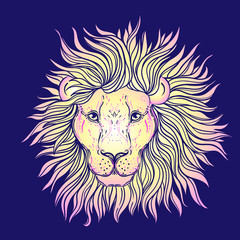 Patterned ornate lion head. African, Indian, totem, tattoo, sticker design. Design of t-shirt, bag, postcard and posters. Vector isolated illustration in bright neon colors. Zodiac sign Leo.
