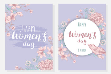 Two greeting cards Happy International Women's Day. Backgrounds with flowers and birds
