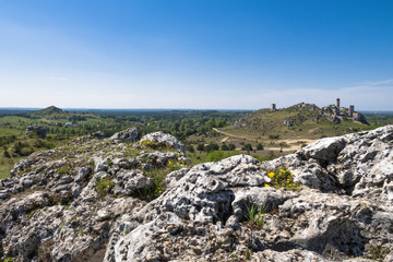 Forested rocky hills in summer and the old ancient ruins of castle far