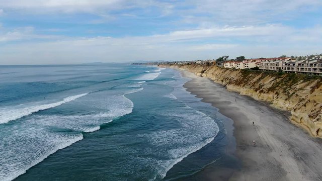 Aerial view of Solana Beach and cliff, California coastal beach with blue Pacific ocean. San Diego County, California, USA
