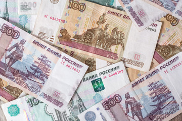 Paper banknotes Russian Rubles. Rubles is the national currency of Russia. bank of Russia The Russian ruble background. A thousand rubles close-up. Fall or rise of the ruble.
