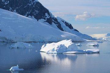 Mountains of the Antarctic Peninsula. Icebergs and mountains in the Gerlache Strait in the Danco Coast, Antarctica