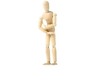 Wooden figure having a stomach ache on white background