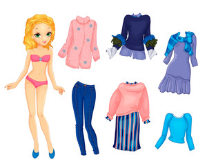 Paper Doll With Warm Blue And Pink Clothes