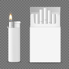 Vector 3d Realistic Opened Clear Blank Cigarette Pack Box with Cigarettes and Lighter with Flame Set Closeup Isolated on Transparent Background. Design Template. Smoke Problem Concept, Tobacco, Mockup