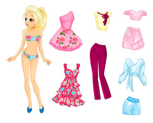 Paper Doll With Summer Pink And Blue Clothes