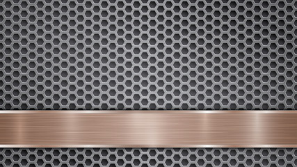Background of silver perforated metallic surface with holes and horizontal bronze polished plate with a metal texture, glares and shiny edges