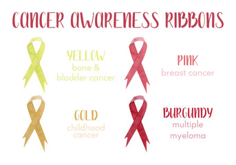 Watercolor awareness ribbons. Different color set of all cancer ribbon, isolated on white background. Perfect for medical  brochure, flyer, card