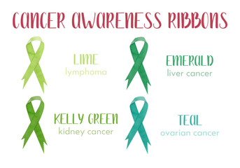 Watercolor awareness ribbons. Different color set of all cancer ribbon, isolated on white background. Perfect for medical  brochure, flyer, card