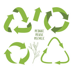 Obraz premium Set of green recycling signs and sprig with leaves, isolated on white background. Vector reuse symbols. Perfect for ecological design, eco-friendly packaging. Zero waste lifestyle.