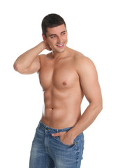 Fototapeta premium Man with sexy body on white background