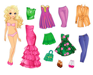 Paper Doll With Clothes In Pink And Green Colors