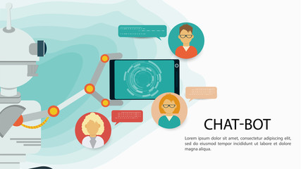 Virtual Help Chatbot banner holding a phone with users in a mechanical hand For a Website Or Mobile Applications Artificial Intelligence Concept Flat Vector Illustration