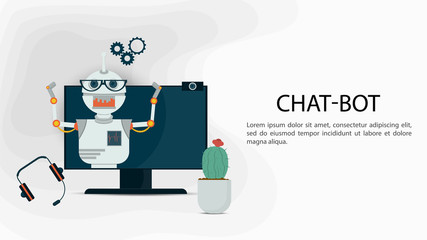 Virtual Help Chatbot banner with glasses on a monitor on a white background For a Website Or Mobile Applications Artificial Intelligence Concept Flat Vector Illustration