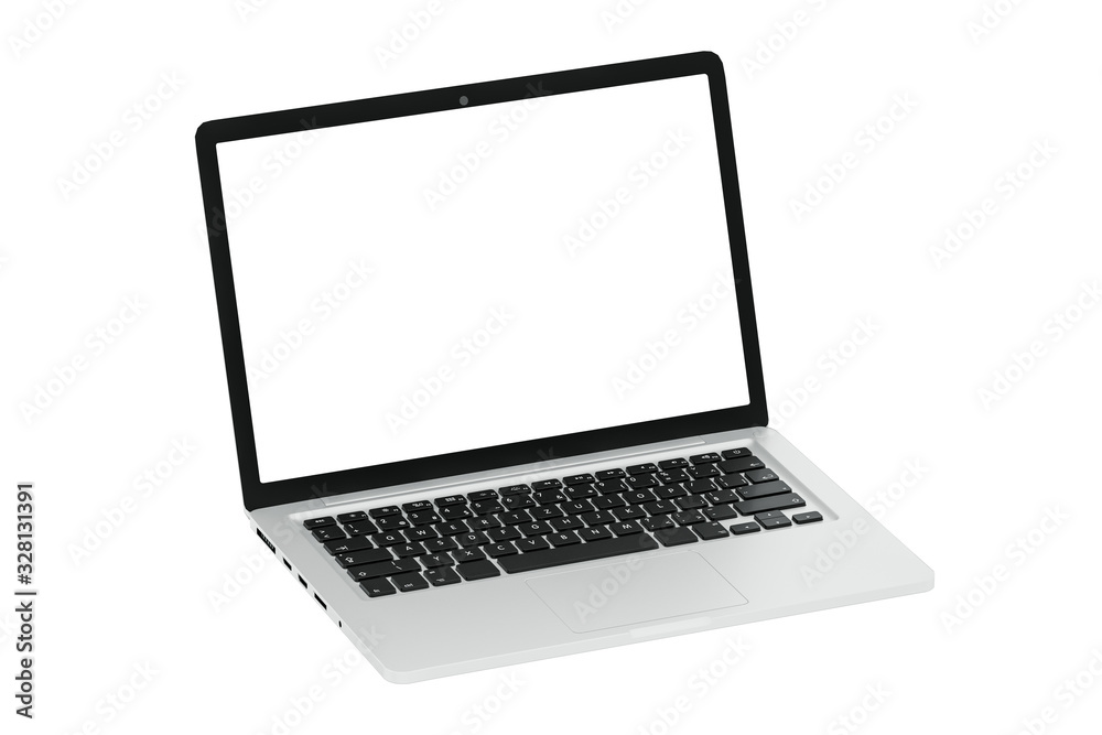 Aufkleber modern computer laptop open white screen isolated with clipping mask on white background for present