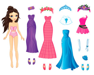 Cute Paper Doll With Evening Fabulous Dresses