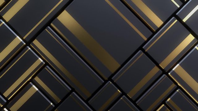 Black moving cubic surface. Abstract background. Scalable adaptive blocks with golden pattern. Motion design. Geometric pattern. Dynamic boxes. 3d loop animation. 4K seamless technology composition.