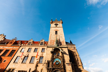 Low angle view of Old Town Hall of Prague against blue sky, Prague, Czech Republic