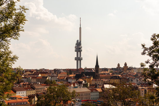 View of Prague cityscape with Zizkov Television Tower, Czech Republic