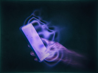 Hand and smart phone retro futuristic illustration