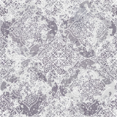 Vector hand-drawn Damascus ornament on textured background. Antique shabby seamless pattern for printed products like wallpapers, packaging, textiles.