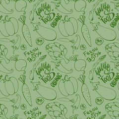 Fototapeta premium Contour doodle vegetable seamless pattern cute textural digital art on a green background. Print for cards, packaging, restaurants, banners, posters, fabrics, wrapping paper, covers.