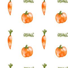 Bright orange carrot and asparagus seamless pattern cute textural digital art on a white background. Print for cards, packaging, restaurants, banners, posters, fabrics, wrapping paper, covers.