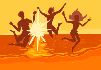 Seasonal recreation. Happy people jumping on sunset on a beach. Vector illustration concept