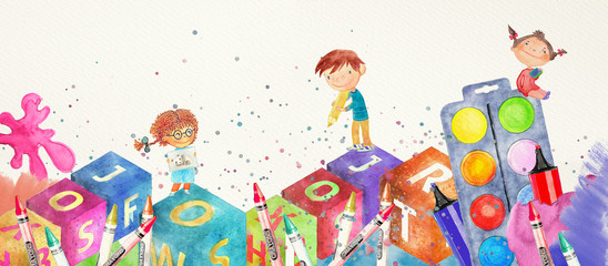 Watercolor school banner with kids - obrazy, fototapety, plakaty