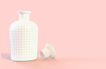 Realistic cosmetic ceramic bottle for essential oil, perfume mockup on pink background 