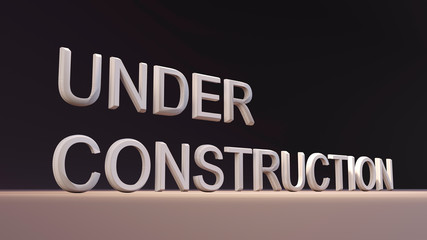 3D render of the words under construction. inscription on a black background, an interesting angle. reconstruction sign, spotlighted. giant white letters.