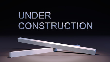 3D render of the words under construction. Sign over black background with building elements on floor. Symbol of site reconstruction