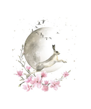 watercolor Hare with magnolia and  full moon