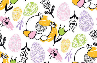 Happy easter! Hand drawn doodle pattern background fabric textile. Easter bunny, easter egg, easter holidays.