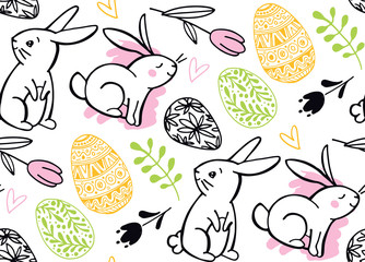 Happy easter! Hand drawn doodle pattern background fabric textile. Easter bunny, easter egg, easter holidays.