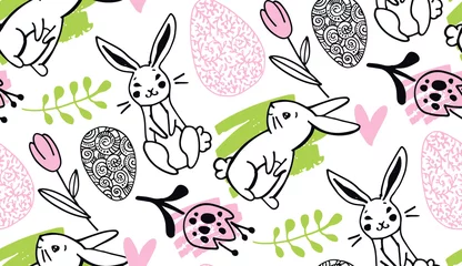 Foto auf Leinwand Happy easter! Hand drawn doodle pattern background fabric textile. Easter bunny, easter egg, easter holidays. © jane55