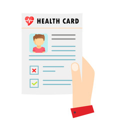 Medical Card. the patient in the hospital record the medical history for the hospital. hand holds a sheet of paper. document for hospital, analyzes doctor's opinion