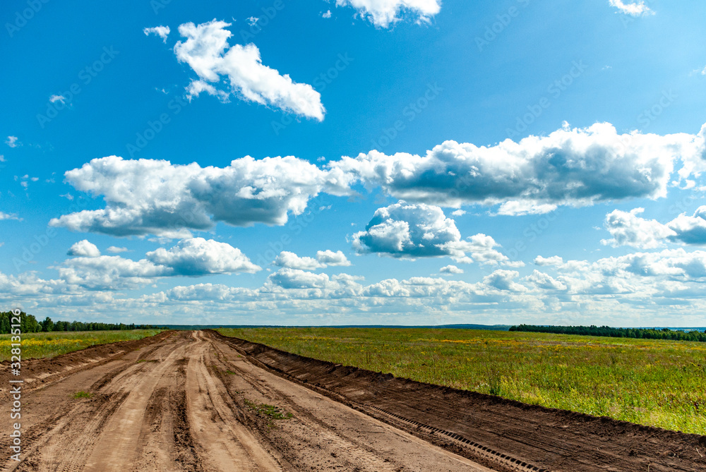 Wall mural dirt road passing through the field after repair work