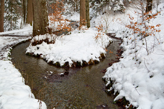 Krumbach mit Insel bei Ochsenhausen in Oberschwaben im Winter